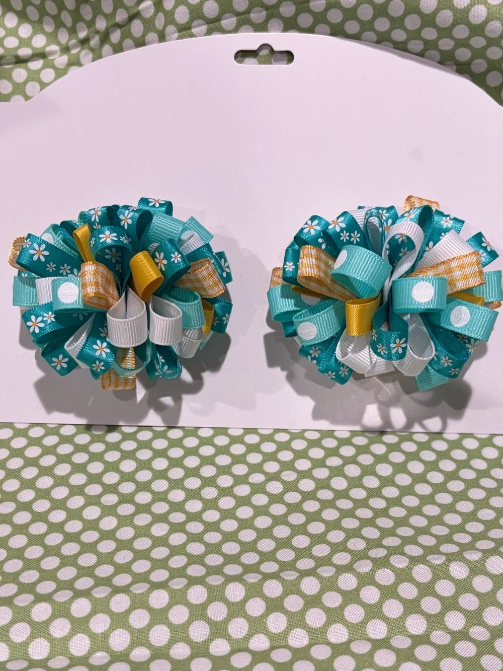 Turquoise Floral Ribbon Hair Bows for Kids - Set of 2